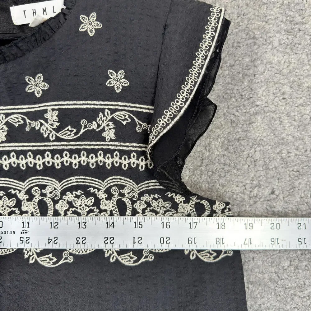 THML Black Embroidered Sleeveless Mini Dress Tunic‎ Ornate Boho Lined Sz Medium